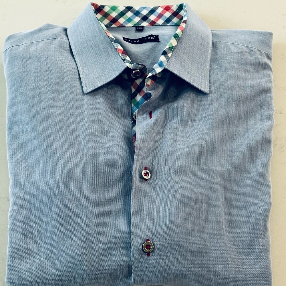 Jared Lang Mens Dress Shirt 2XL Long Sleeve Flip Cuff Chambray Blue,Red & Green